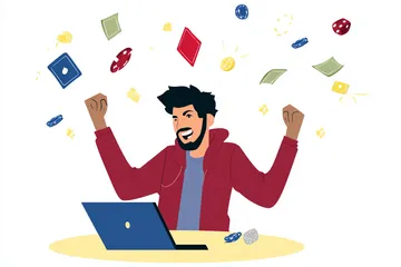 একজন পুরুষ তার ল্যাপটপে জয়ের মুহূর্ত উদযাপন করছেন, চারপাশে ভাসছে গেমিং আইকন—যা BDJL1 গেমসের উত্তেজনাকে প্রকাশ করে।