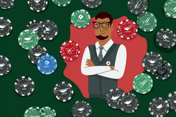 A confident dealer surrounded by casino chips inviting players to access their BDJL1 account, reflecting quick and easy login options.
